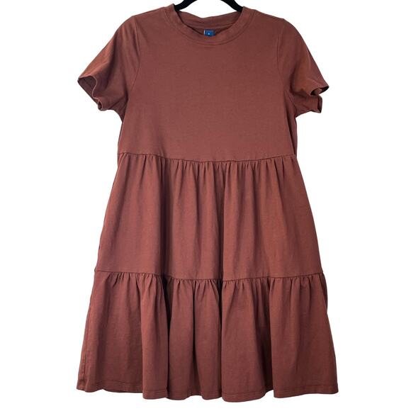 Old Navy Brown Crew Neck Short Sleeve Tiered Shirt Dress Reg Size Small - Picture 1 of 6